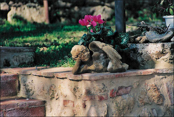 An angel statue in a garden.